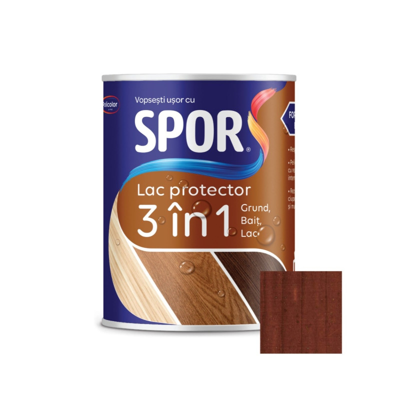 Lac protector 3 in 1 pentru lemn, Spor, mahon inchis, lucios, interior / exterior, 0.75 L