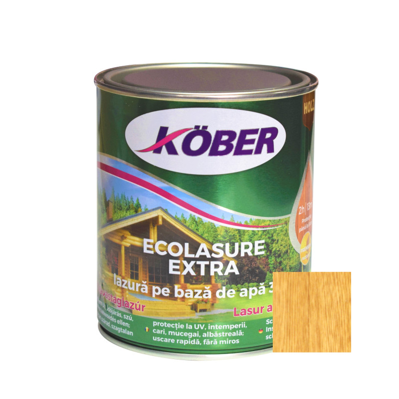 Lac / lazura 3 in 1 pentru lemn, Kober Ecolasure Extra, stejar deschis, pe baza de apa, interior / exterior, 0.75 L