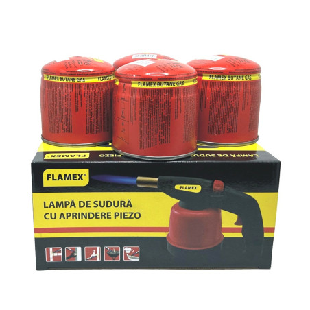 Lampa de gaz, Flamex, cu piezo + 4 butelii 190 gr
