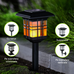 Lampa solara LED Hoff, 4 in 1, felinar efect flacara, plastic, H 46 cm, negru, exterior