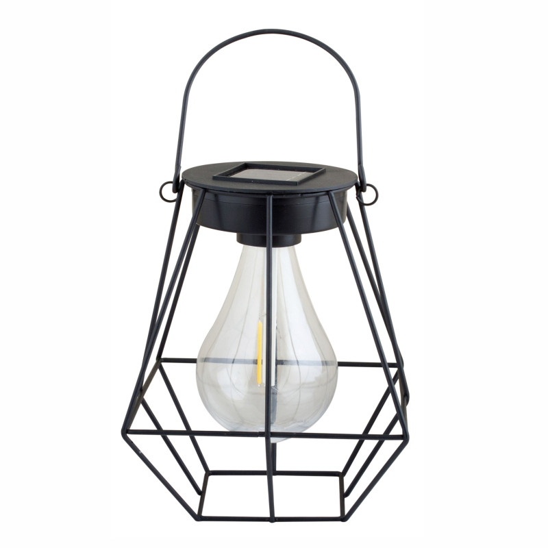 Lampa solara LED Hoff, felinar cu bec filament, metal + plastic, H 17 cm, negru, exterior