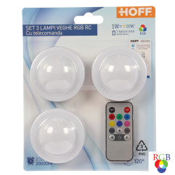 Lampa veghe Hoff, LED RGB - set 3 buc + telecomanda, 1W, alimentare baterii