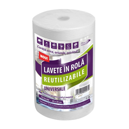 Lavete reutilizabile embosate, pretaiate, celuloza + poliester, alb, 20 x 30 cm, 75 buc / rola