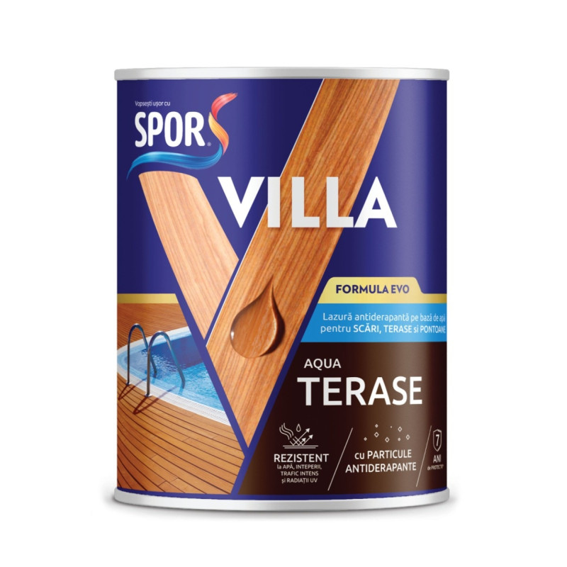 Lazura antiderapanta terase, pe baza de apa, Spor Villa Aqua, incolor, interior / exterior, 2.5 L