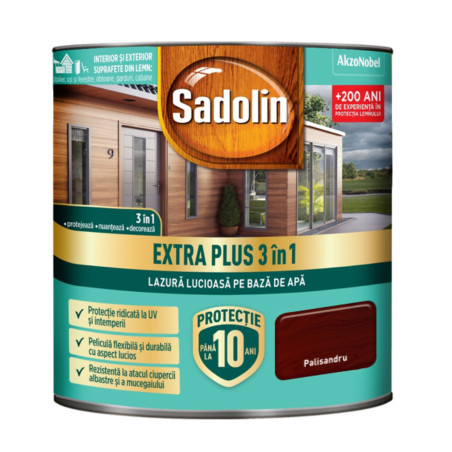 Lazura lucioasa pentru lemn, Sadolin Extra Plus 3 in 1, pe baza de apa, palisandru, interior / exterior, 0.75 L