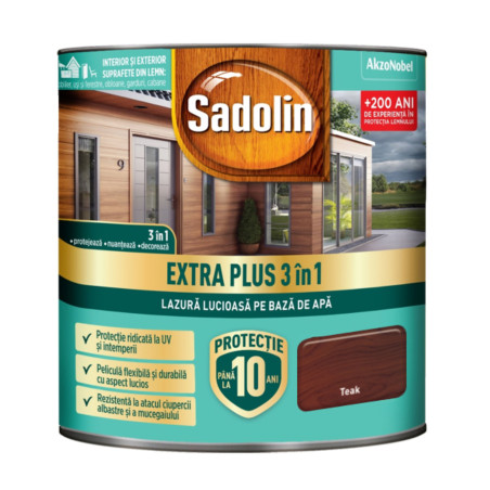 Lazura lucioasa pentru lemn, Sadolin Extra Plus 3 in 1, pe baza de apa, teak, interior / exterior, 0.75 L