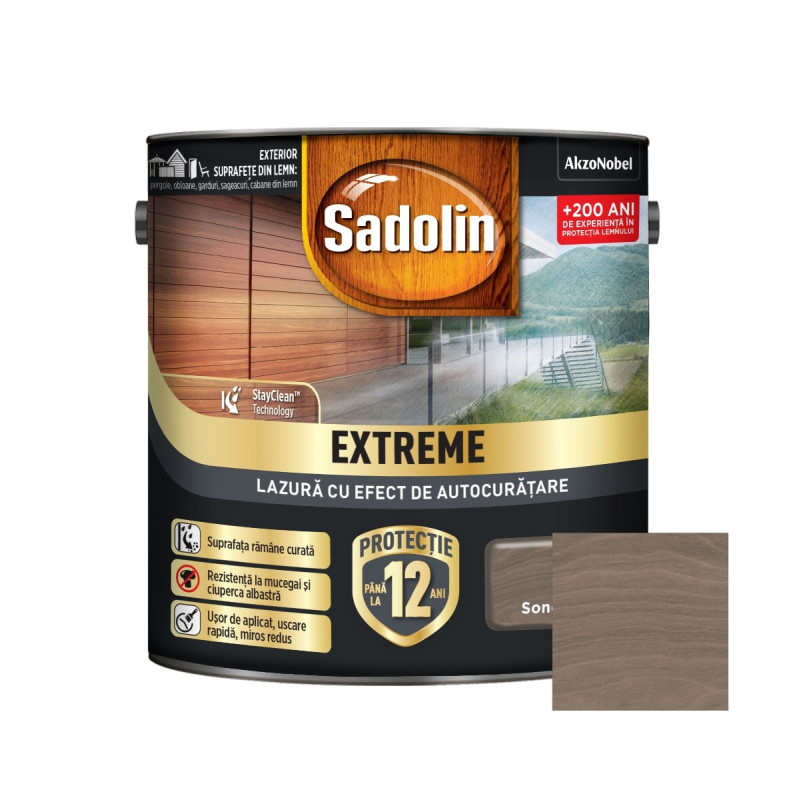 Lazura lucioasa pentru lemn, Sadolin Extreme, cu efect autocuratare, pe baza de apa, sonoma, interior / exterior, 2.5 L