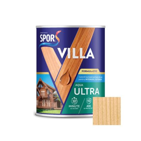Lazura pentru lemn, pe baza de apa, Spor Villa Aqua Ultra, incolor, interior / exterior, 0.75 L