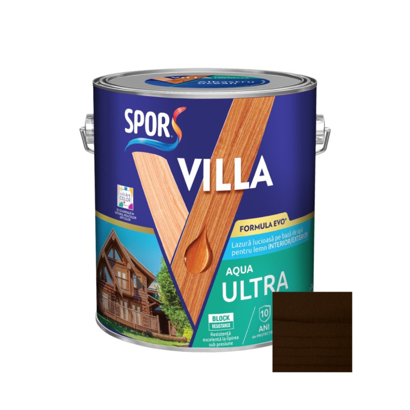 Lazura pentru lemn, pe baza de apa, Spor Villa Aqua Ultra, wenge, interior / exterior, 2.5 L