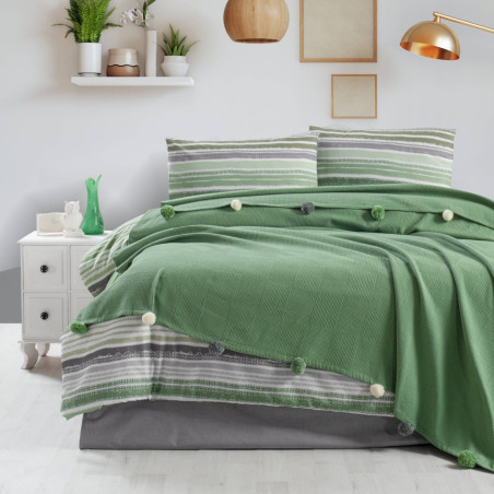 Lenjerie de pat Caressa, 2 persoane, bumbac, verde + gri, 5 piese