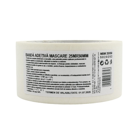 Banda adeziva mascare, alb, interior / exterior, 25 m x 50 mm