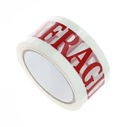 Banda adeziva pentru ambalare, Fragile, cu suport BoPP, alb + rosu, 60 m x 50 mm