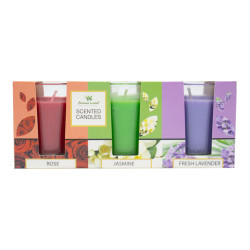 Lumanare parfumata in pahar, Aroma Land, iasomie / lavanda / trandafir, set 3 arome