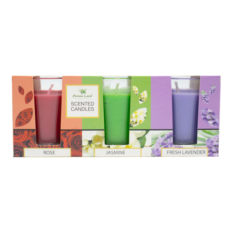 Lumanare parfumata in pahar, Aroma Land, iasomie / lavanda / trandafir, set 3 arome