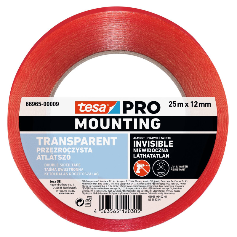 Banda adeziva pentru montaj, tesa PRO Mounting, transparent, interior / exterior, 25 m x 12 mm