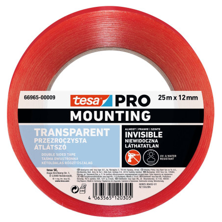 Banda adeziva pentru montaj, tesa PRO Mounting, transparent, interior / exterior, 25 m x 12 mm