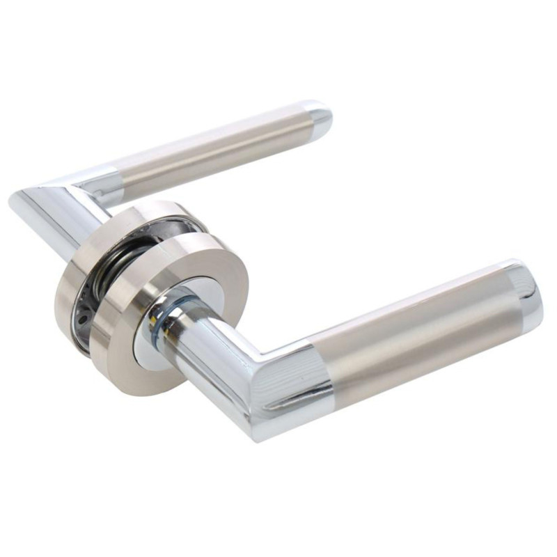 Maner cu rozeta rotunda pentru usa lemn, Londa Gato BB(K) RR55SN/CP, zamac, satin nichel + crom polisat, 120 x 55 mm Maner cu rozeta rotunda pentru usa lemn, Londa Gato BB(K) RR55SN/CP, zamac, satin nichel + crom polisat, 120 x 55 mm