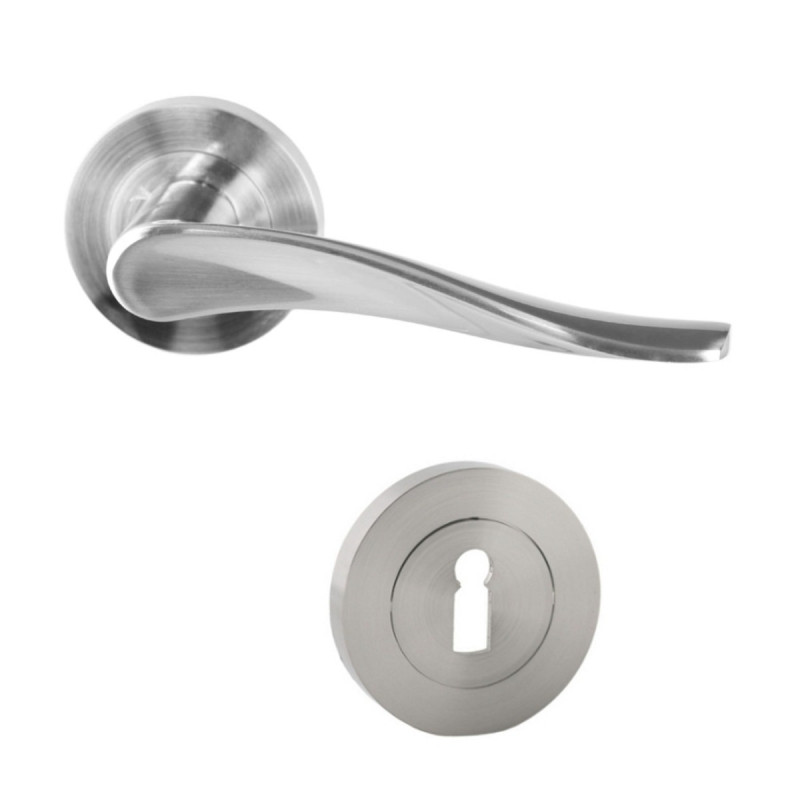 Maner cu rozeta rotunda pentru usa lemn, Miami Gato BB(K) RR55SN, zamac, satin nichel, 125 x 55 mm Maner cu rozeta rotunda pentru usa lemn, Miami Gato BB(K) RR55SN, zamac, satin nichel, 125 x 55 mm