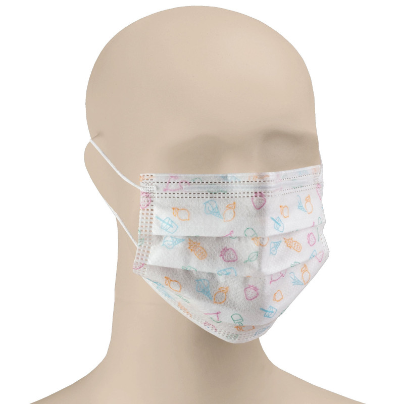 Masca chirurgicala pentru copii Dr. Albert, de unica folosinta, polipropilena, 3 straturi, alb cu print, 30 bucati