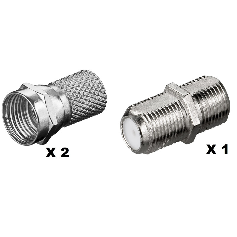Mufa TV F + conector mama - mama, Hoff, set 2 bucati mufa F + 1 bucata conector mama - mama, pentru conectare cablu TV