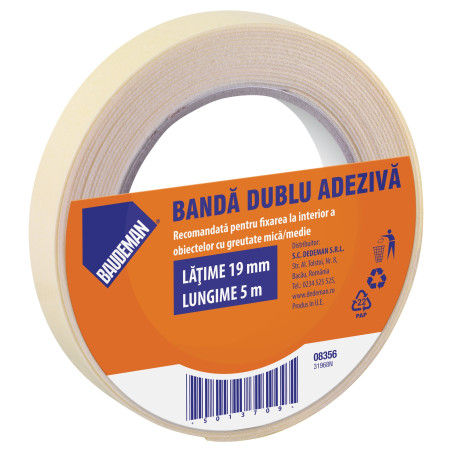 Banda dublu adeziva pentru fixare, Baudeman 8356, 5 m x 19 mm