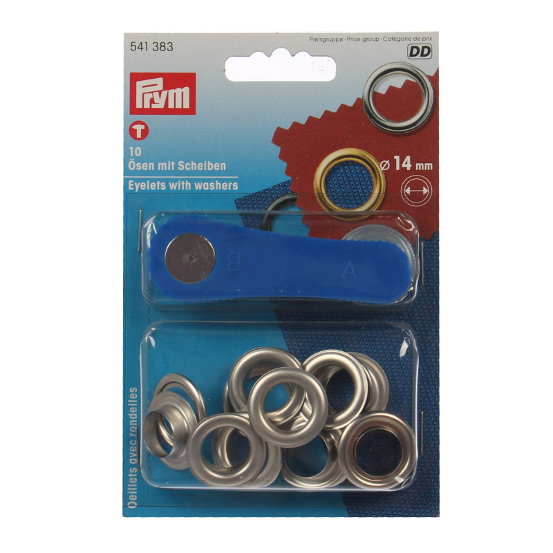 Ocheti metalici, Prym 114541 383, 14 mm, cu saiba, pentru confectii + dispozitiv montare Ocheti metalici, Prym 114541 383, 14 mm, cu saiba, pentru confectii + dispozitiv montare