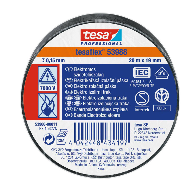Banda electroizolatoare tesa Professional 53988, negru, 20 m x 19 mm