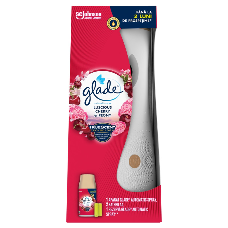 Odorizant camera Glade automatic spray, aparat + baterii + rezerva, cherry and peony, 269 ml