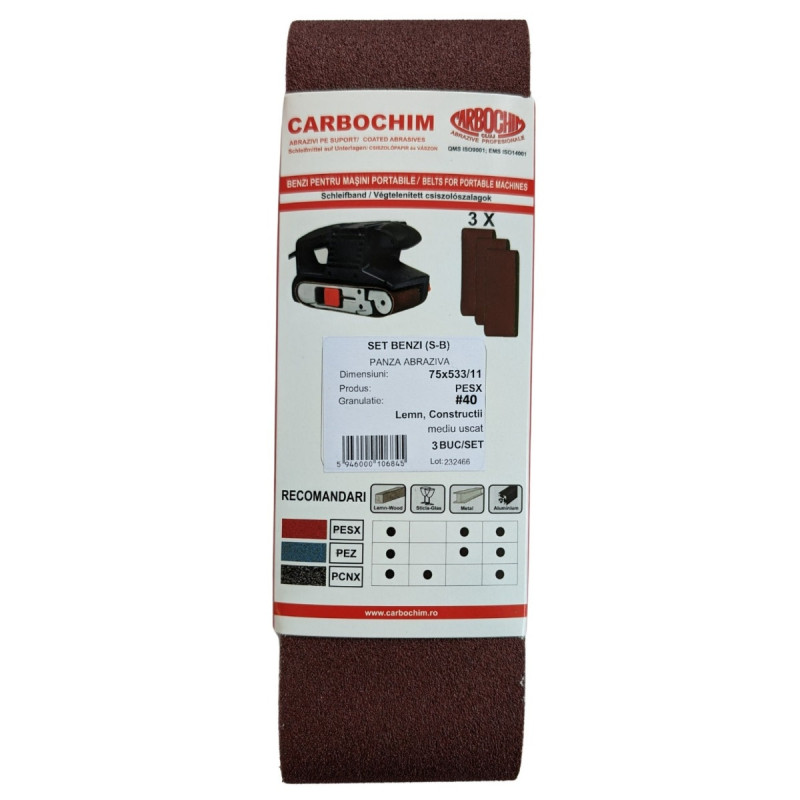 Banda fara sfarsit, pentru lemn / metale, Carboas PESX, 75 x 533 x 11 mm, granulatie 40, set 3 bucati Banda fara sfarsit, pentru lemn / metale, Carboas PESX, 75 x 533 x 11 mm, granulatie 40, set 3 bucati