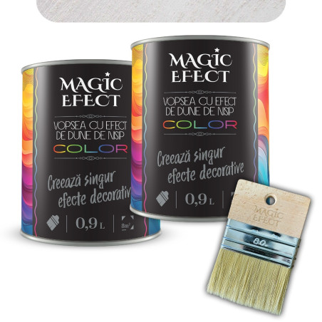 Pachet vopsea decorativa pe baza de apa, interior, Magic Efect, dune de nisip, absolute white 10 / argintiu, 2 x 0.9 L + pensula