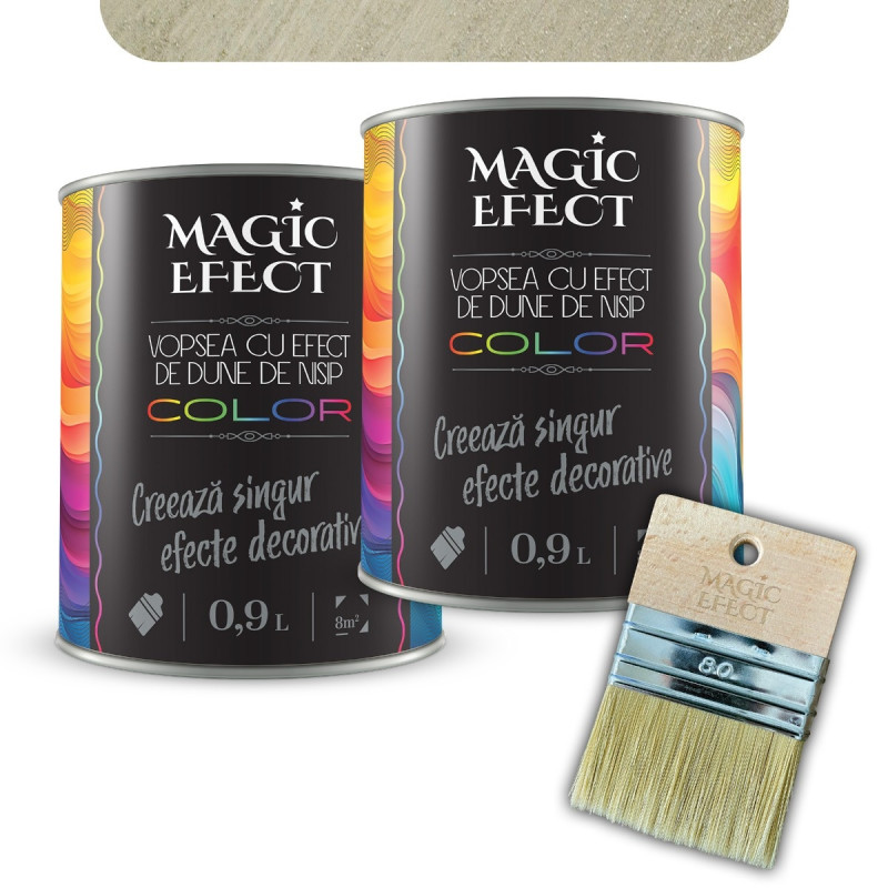 Pachet vopsea decorativa pe baza de apa, interior, Magic Efect, dune de nisip, ivory 11 / bej, 2 x 0.9 L + pensula Magic Efect