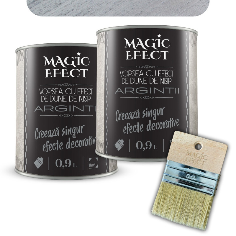 Pachet vopsea decorativa pe baza de apa, interior, Magic Efect, dune de nisip, silver sand 01 / argintiu, 2 x 0.9 L + pensula Ma