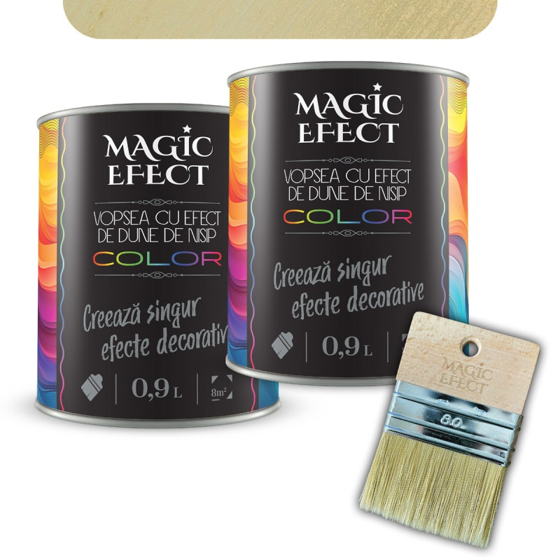 Pachet vopsea decorativa pe baza de apa, interior, Magic Efect, dune de nisip, vanilla dream 08 / bej, 2 x 0.9 L + pensula Magic