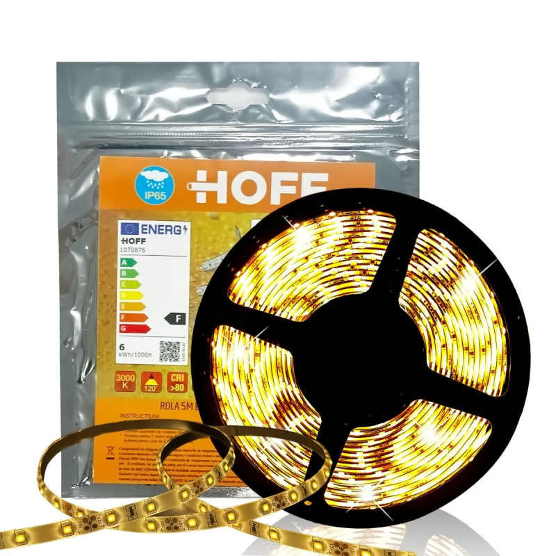 Banda LED dublu-adeziva pentru interior / exterior Hoff SMD 2835, 12 V, 24 W, 2400 lm, lumina calda, 5 m, IP65