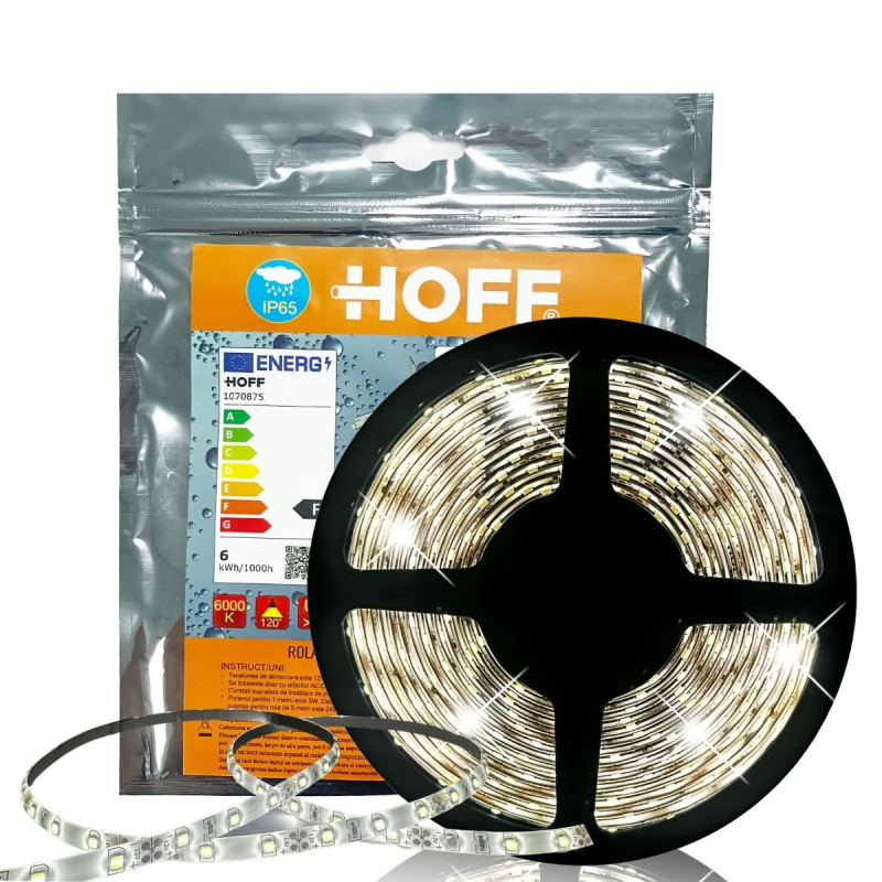 Banda LED dublu-adeziva pentru interior / exterior Hoff SMD 2835, 12 V, 24 W, 2400 lm, lumina rece, 5 m, IP65
