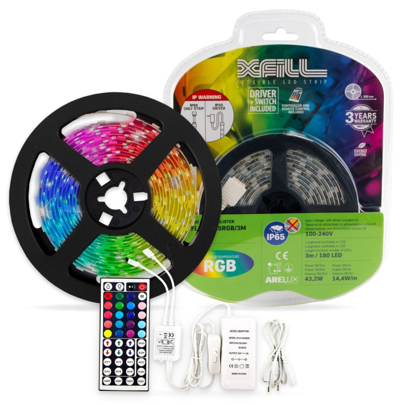 Banda LED RGB dublu-adeziva pentru interior / exterior Arelux Xfill SMD 5050, 24 V, 43.2 W, lumina multicolora, cu alimentator +
