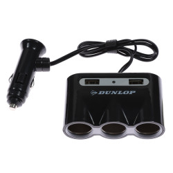 Adaptor priza auto, Dunlop, 3 porturi bricheta, 12 V / 24 V, 2 porturi USB, cablu 50 cm
