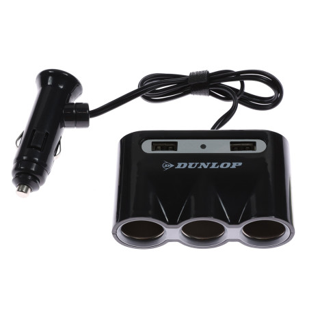 Adaptor priza auto, Dunlop, 3 porturi bricheta, 12 V / 24 V, 2 porturi USB, cablu 50 cm