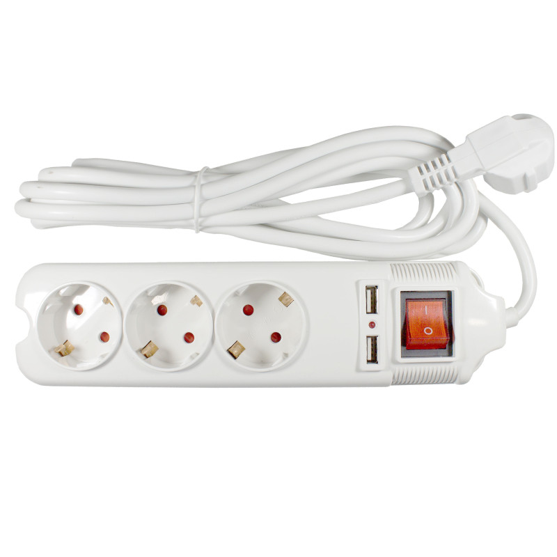 Prelungitor Lohuis 3 prize + 2 x USB, 3 m, 3500W, 3 x 1.5 mmp, contact de protectie, intrerupator, indicator luminos