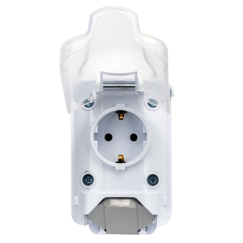 Priza dubla Atra 1147, aparenta, cu capac, contact de protectie, 16A, IP44, alba Priza dubla Atra 1147, aparenta, cu capac, contact de protectie, 16A, IP44, alba