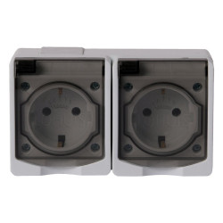 Priza dubla Lohuis AG, aparenta, cu capac, contact de protectie, 16A, IP44, alb + gri