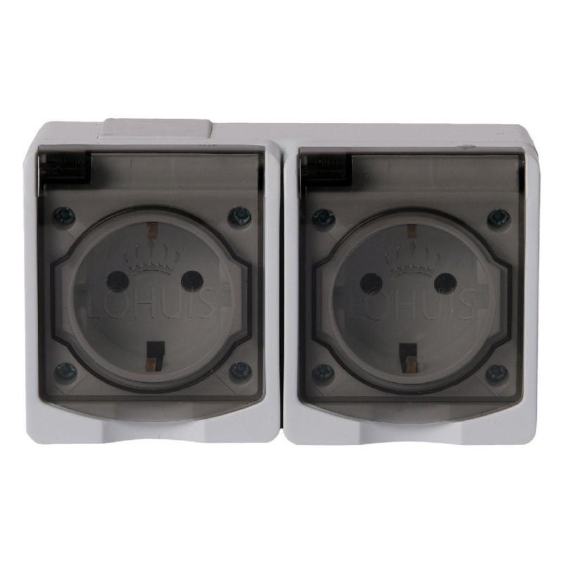 Priza dubla Lohuis AG, aparenta, cu capac, contact de protectie, 16A, IP44, alb + gri Priza dubla Lohuis AG, aparenta, cu capac, contact de protectie, 16A, IP44, alb + gri