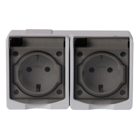 Priza dubla Lohuis AG, aparenta, cu capac, contact de protectie, 16A, IP44, alb + gri