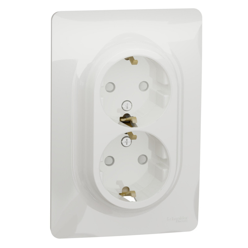 Priza dubla Schneider Electric Noua Unica NU206718, incastrata, contact de protectie, protectie copii, rama inclusa, 2P+E, 16A, 