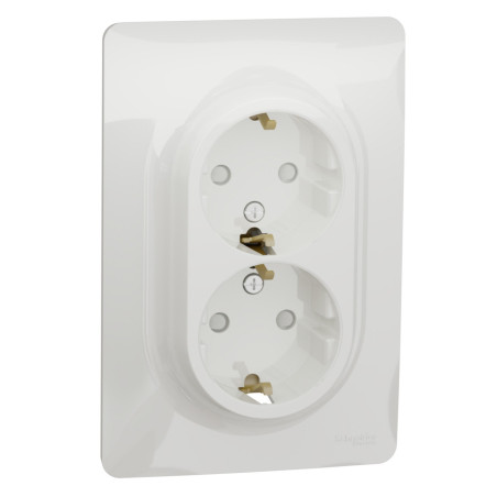 Priza dubla Schneider Electric Noua Unica NU206718, incastrata, contact de protectie, protectie copii, rama inclusa, 2P+E, 16A, 