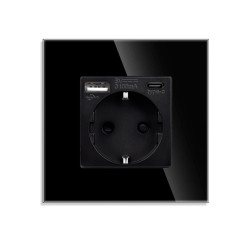 Priza Luxion LXD-MP010UG-B simpla schuko + USB A + USB C, rama din sticla inclusa, incastrata, neagra