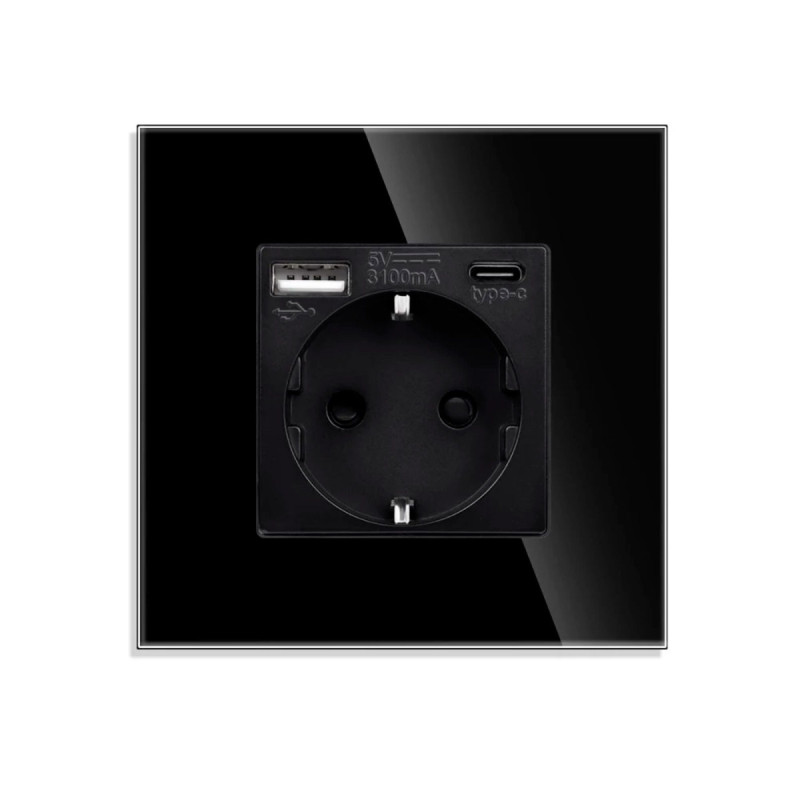 Priza Luxion LXD-MP010UG-B simpla schuko + USB A + USB C, rama din sticla inclusa, incastrata, neagra