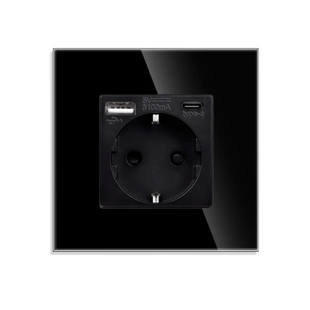 Priza Luxion LXD-MP010UG-B simpla schuko + USB A + USB C, rama din sticla inclusa, incastrata, neagra