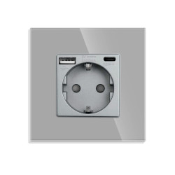 Priza Luxion LXD-MP010UG-GY simpla schuko + USB A + USB C, rama din sticla inclusa, incastrata, gri