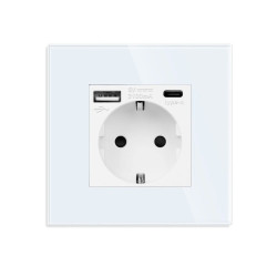 Priza Luxion LXD-MP010UG-W simpla schuko + USB A + USB C, rama din sticla inclusa, incastrata, alba